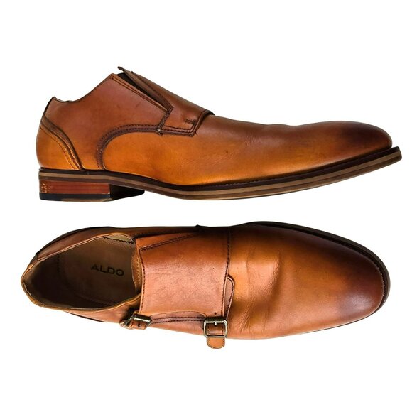 Brown ALDO Mens Monk Strap Leather Shoes Size 10 Cognac JJJ4106 - Picture 9 of 14